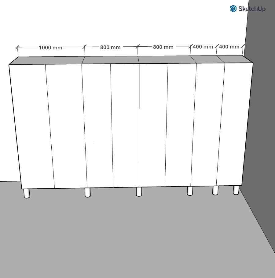 5 lattiakalustetta vierekkäin, tarvitaan yhteensä 6kpl kalustejalkoja.